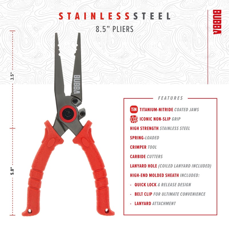 BUBBA 8.5" Stainless Steel Pliers with Non-Slip Handle, Spring Loaded with Crimping Tools and Anvil Cutters Lanyard Hole and Sheath - Image 3